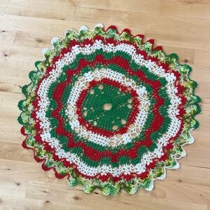 Hand-Crocheted Holiday 17” Doily in Red Green White Holiday Christmas